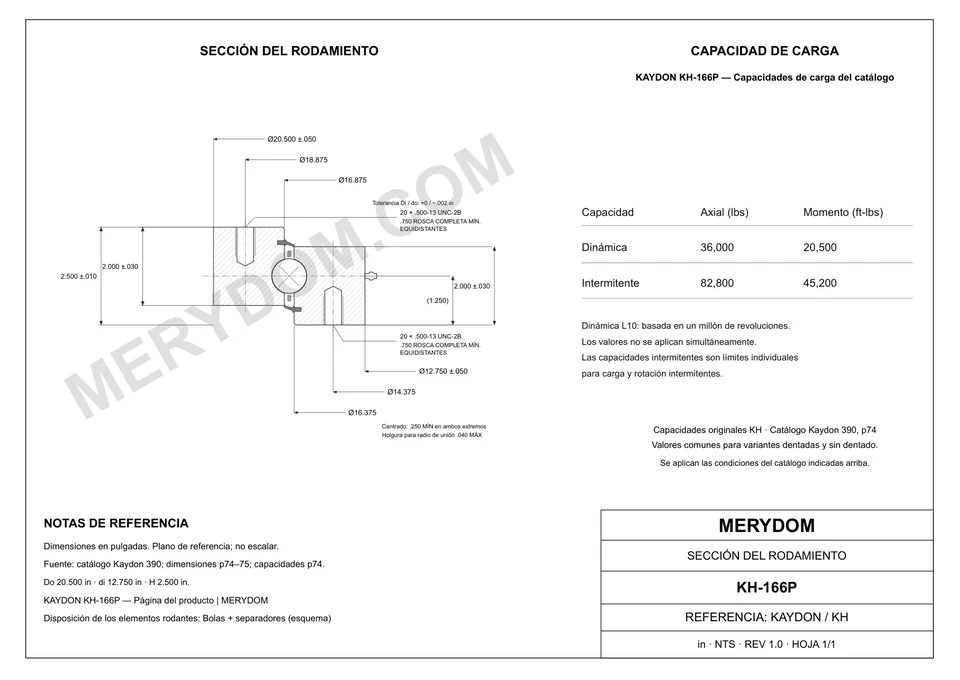 Plano CAD de la corona de giro de sustitución MERYDOM para KAYDON KH-166P, con dimensiones y orificios de montaje.