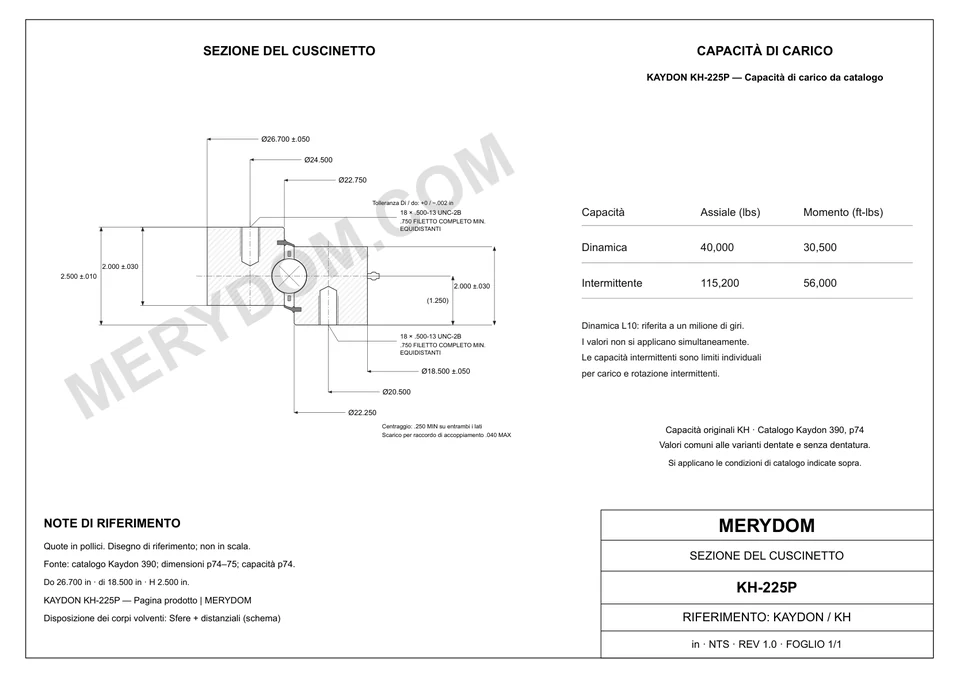 Disegno CAD del cuscinetto di rotazione sostitutivo MERYDOM per KAYDON KH-225P, con dimensioni e fori di montaggio.