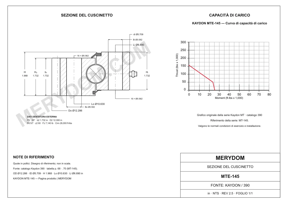 Disegno CAD del cuscinetto di rotazione sostitutivo MERYDOM per KAYDON MTE-145, con dimensioni e fori di montaggio.