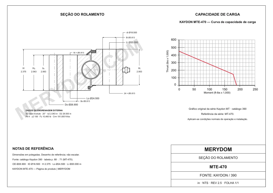 Desenho CAD do rolamento de giro de substituição MERYDOM para KAYDON MTE-470, com dimensões e furos de montagem.