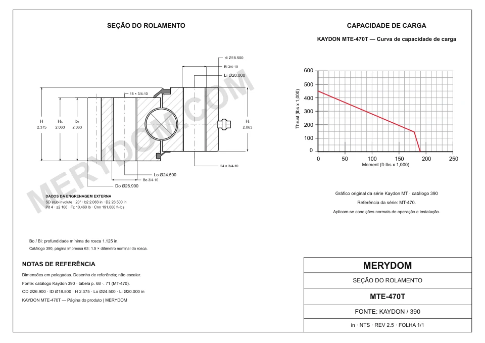 Desenho CAD do rolamento de giro de substituição MERYDOM para KAYDON MTE-470T, com dimensões e furos de montagem.