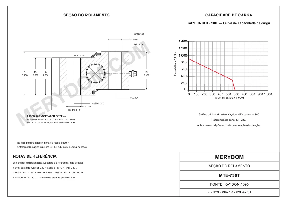 Desenho CAD do rolamento de giro de substituição MERYDOM para KAYDON MTE-730T, com dimensões e furos de montagem.