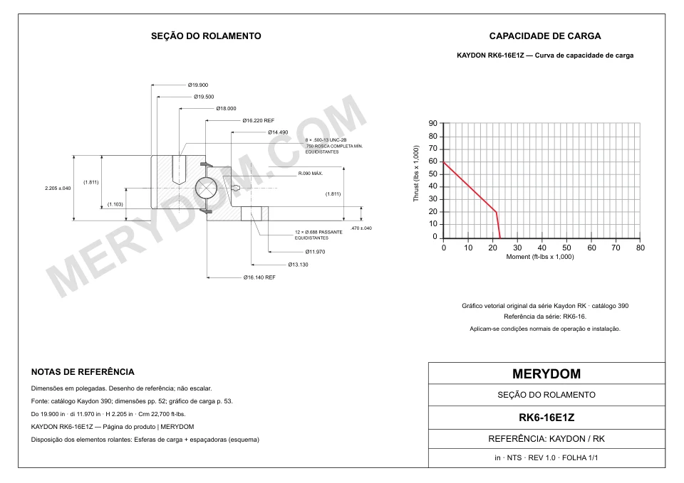 Desenho CAD do rolamento de giro de substituição MERYDOM para KAYDON RK6-16E1Z, com dimensões e furos de montagem.