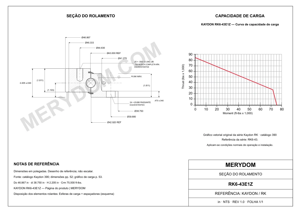 Desenho CAD do rolamento de giro de substituição MERYDOM para KAYDON RK6-43E1Z, com dimensões e furos de montagem.
