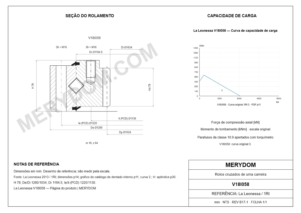 Desenho CAD do rolamento de giro de substituição MERYDOM para La Leonessa V18I058, com dimensões e furos de montagem.