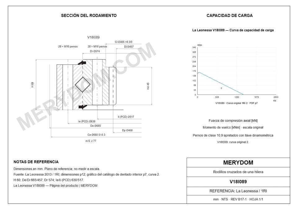 Plano CAD de la corona de giro de sustitución MERYDOM para La Leonessa V18I089, con dimensiones y orificios de montaje.