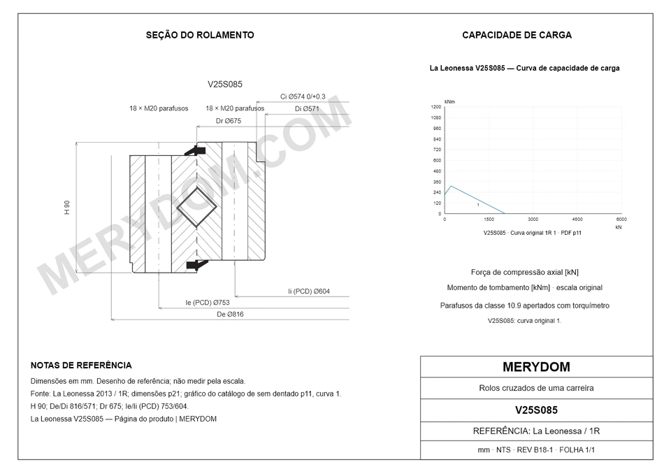 Desenho CAD do rolamento de giro de substituição MERYDOM para La Leonessa V25S085, com dimensões e furos de montagem.