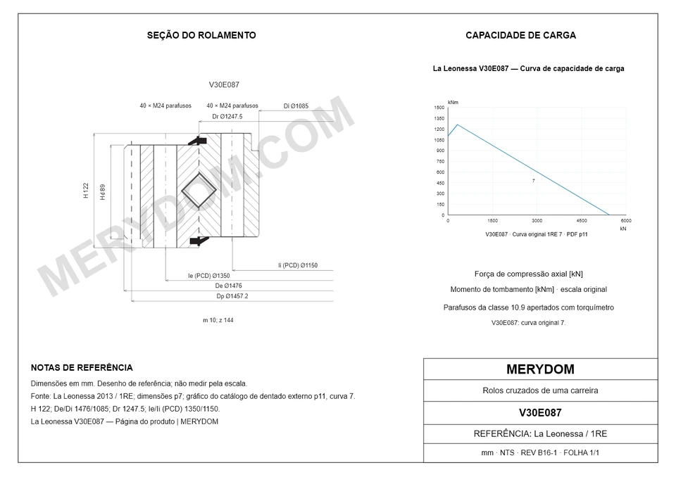 Desenho CAD do rolamento de giro de substituição MERYDOM para La Leonessa V30E087, com dimensões e furos de montagem.