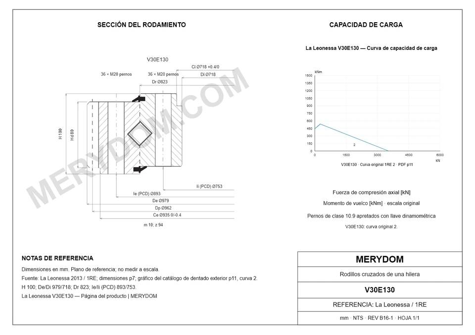Plano CAD de la corona de giro de sustitución MERYDOM para La Leonessa V30E130, con dimensiones y orificios de montaje.