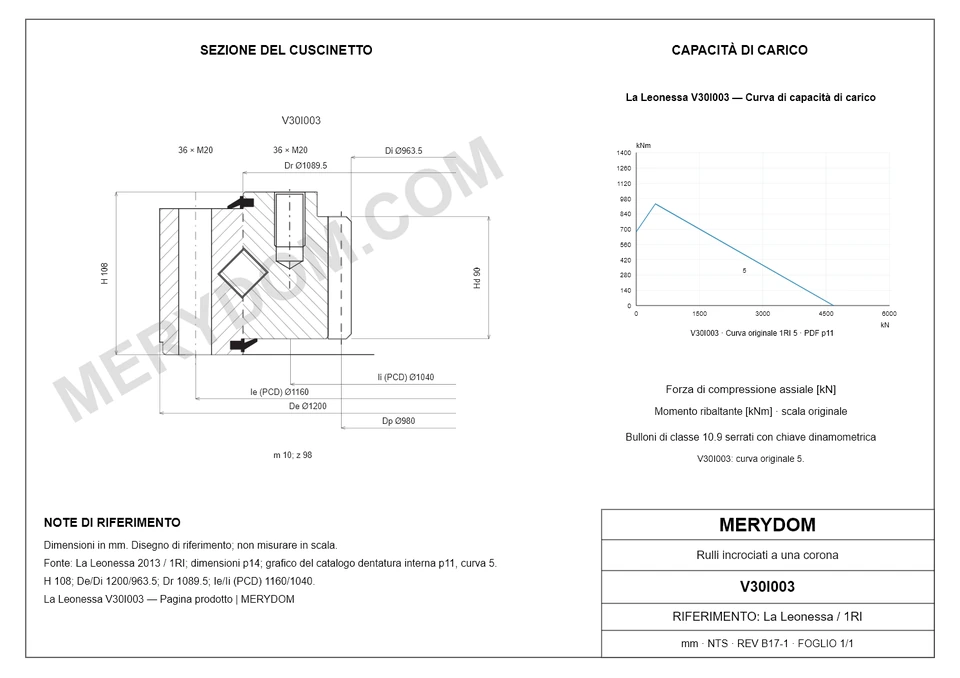 Disegno CAD del cuscinetto di rotazione sostitutivo MERYDOM per La Leonessa V30I003, con dimensioni e fori di montaggio.
