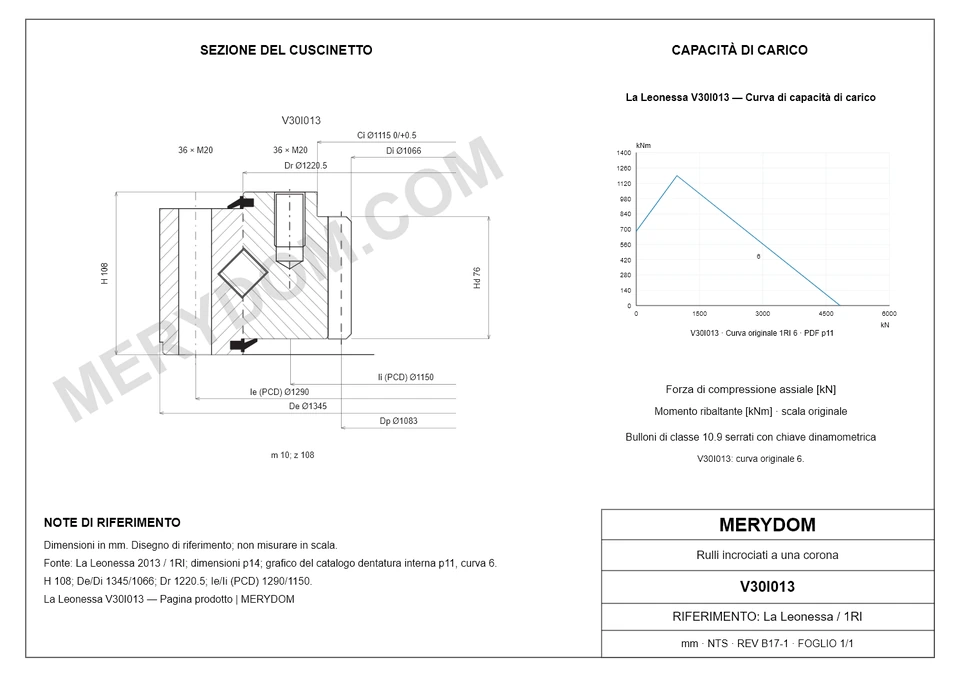 Disegno CAD del cuscinetto di rotazione sostitutivo MERYDOM per La Leonessa V30I013, con dimensioni e fori di montaggio.