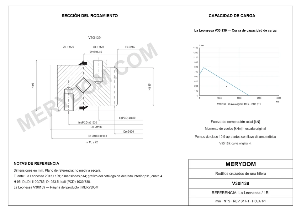 Plano CAD de la corona de giro de sustitución MERYDOM para La Leonessa V30I139, con dimensiones y orificios de montaje.
