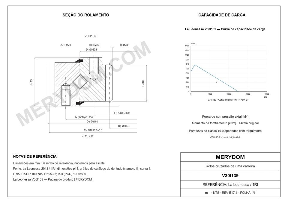 Desenho CAD do rolamento de giro de substituição MERYDOM para La Leonessa V30I139, com dimensões e furos de montagem.