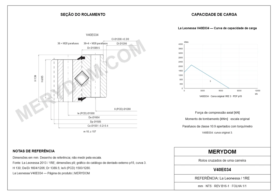 Desenho CAD do rolamento de giro de substituição MERYDOM para La Leonessa V40E034, com dimensões e furos de montagem.