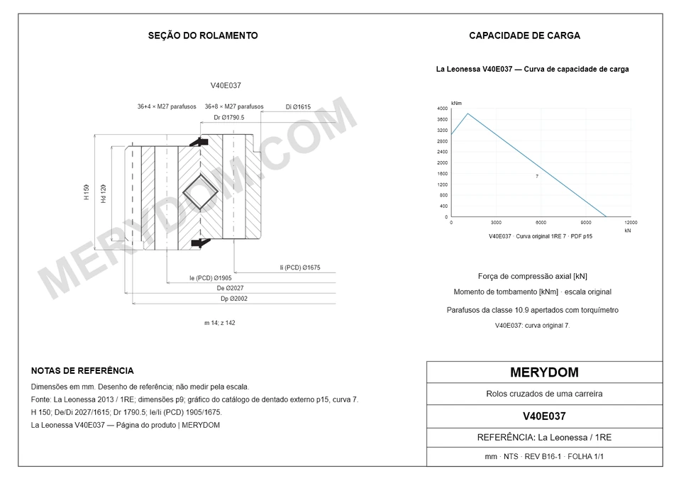 Desenho CAD do rolamento de giro de substituição MERYDOM para La Leonessa V40E037, com dimensões e furos de montagem.