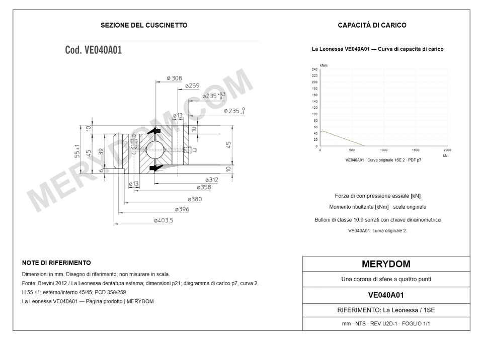 Disegno CAD del cuscinetto di rotazione sostitutivo MERYDOM per La Leonessa VE040A01, con dimensioni e fori di montaggio.