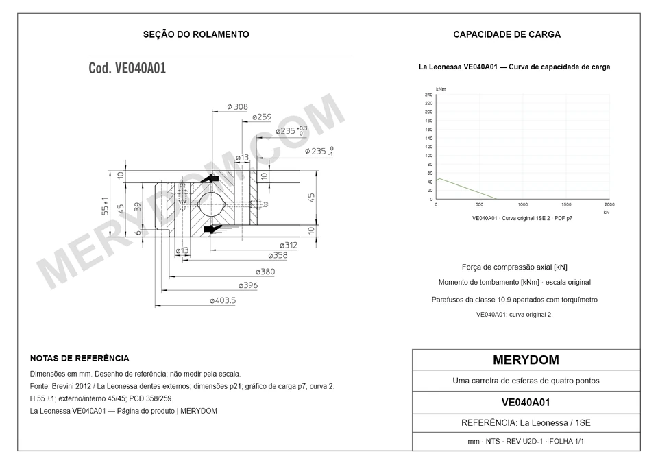Desenho CAD do rolamento de giro de substituição MERYDOM para La Leonessa VE040A01, com dimensões e furos de montagem.