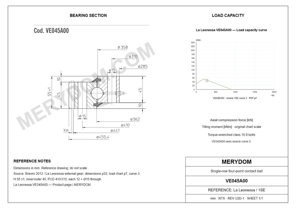 CAD drawing of the MERYDOM replacement slewing bearing for La Leonessa VE045A00, showing dimensions and mounting holes.