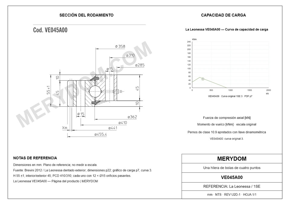Plano CAD de la corona de giro de sustitución MERYDOM para La Leonessa VE045A00, con dimensiones y orificios de montaje.