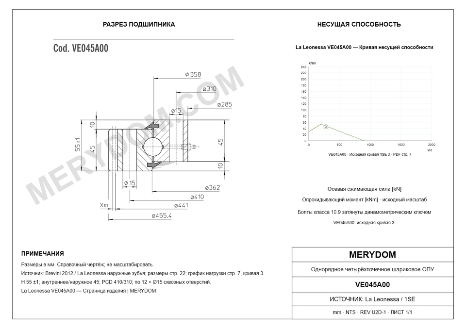 CAD-чертёж опорно-поворотного устройства MERYDOM для замены La Leonessa VE045A00 с размерами и монтажными отверстиями.