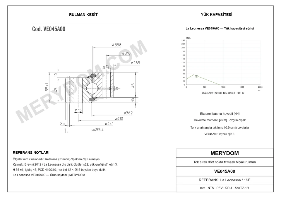 La Leonessa VE045A00 için MERYDOM muadil döner tabla rulmanının ölçüleri ve montaj deliklerini gösteren CAD çizimi.
