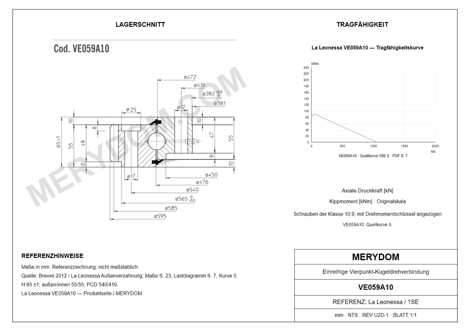 CAD-Zeichnung des MERYDOM-Ersatzdrehkranzes für La Leonessa VE059A10 mit Abmessungen und Befestigungsbohrungen.
