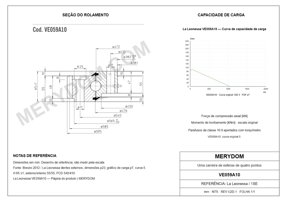 Desenho CAD do rolamento de giro de substituição MERYDOM para La Leonessa VE059A10, com dimensões e furos de montagem.