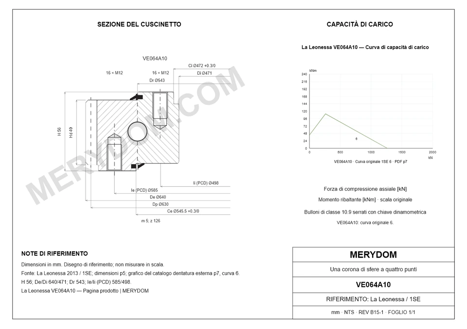 Disegno CAD del cuscinetto di rotazione sostitutivo MERYDOM per La Leonessa VE064A10, con dimensioni e fori di montaggio.