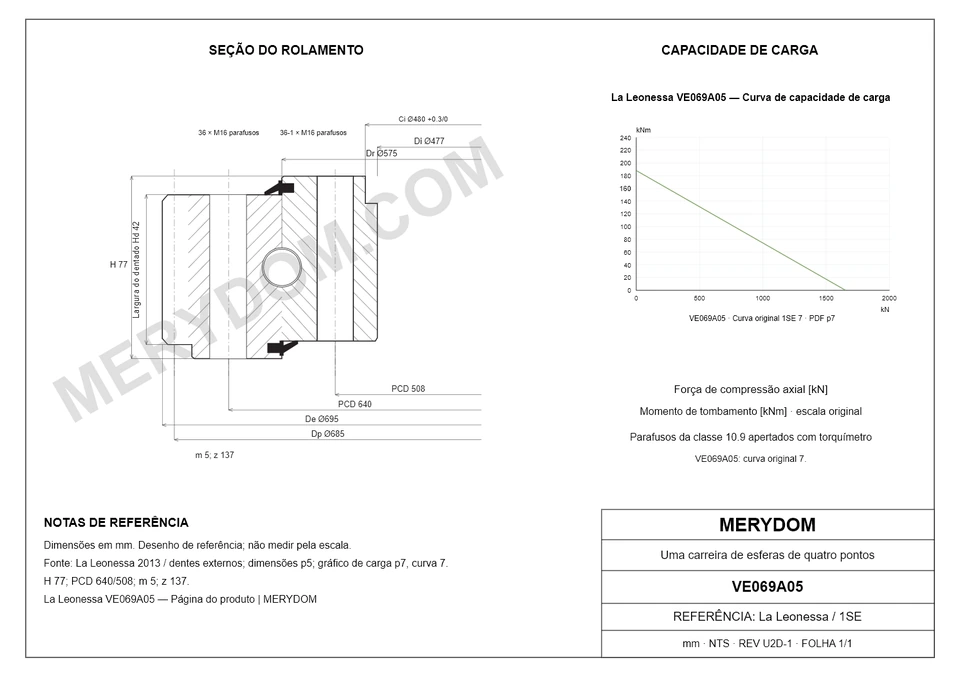 Desenho CAD do rolamento de giro de substituição MERYDOM para La Leonessa VE069A05, com dimensões e furos de montagem.