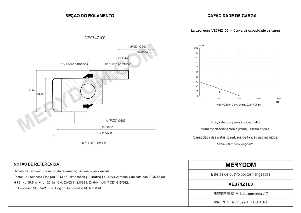 Desenho CAD do rolamento de giro de substituição MERYDOM para La Leonessa VE074Z100, com dimensões e furos de montagem.