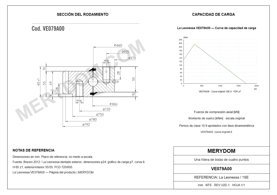 Plano CAD de la corona de giro de sustitución MERYDOM para La Leonessa VE079A00, con dimensiones y orificios de montaje.