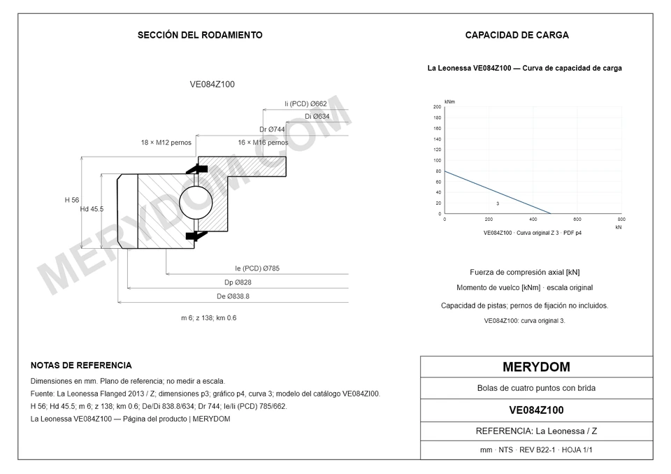 Plano CAD de la corona de giro de sustitución MERYDOM para La Leonessa VE084Z100, con dimensiones y orificios de montaje.