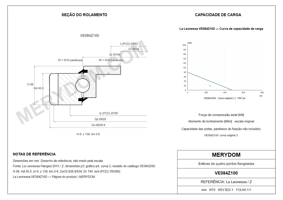 Desenho CAD do rolamento de giro de substituição MERYDOM para La Leonessa VE084Z100, com dimensões e furos de montagem.