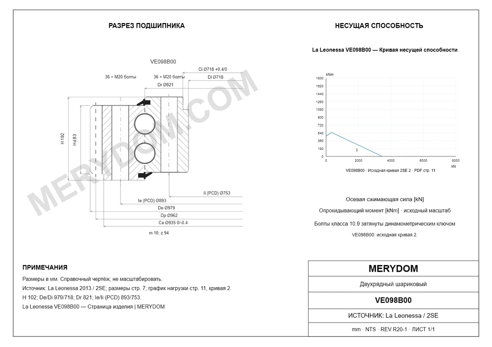 CAD-чертёж опорно-поворотного устройства MERYDOM для замены La Leonessa VE098B00 с размерами и монтажными отверстиями.