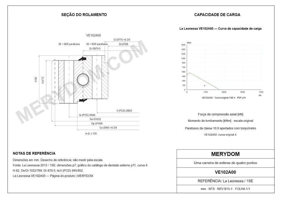 Desenho CAD do rolamento de giro de substituição MERYDOM para La Leonessa VE102A00, com dimensões e furos de montagem.