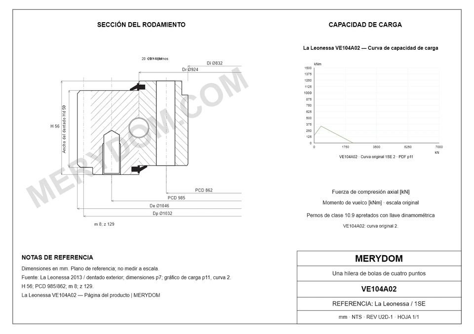Plano CAD de la corona de giro de sustitución MERYDOM para La Leonessa VE104A02, con dimensiones y orificios de montaje.