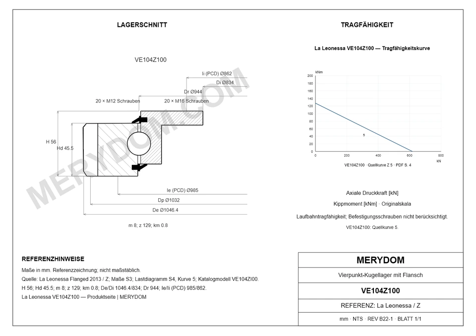 CAD-Zeichnung des MERYDOM-Ersatzdrehkranzes für La Leonessa VE104Z100 mit Abmessungen und Befestigungsbohrungen.