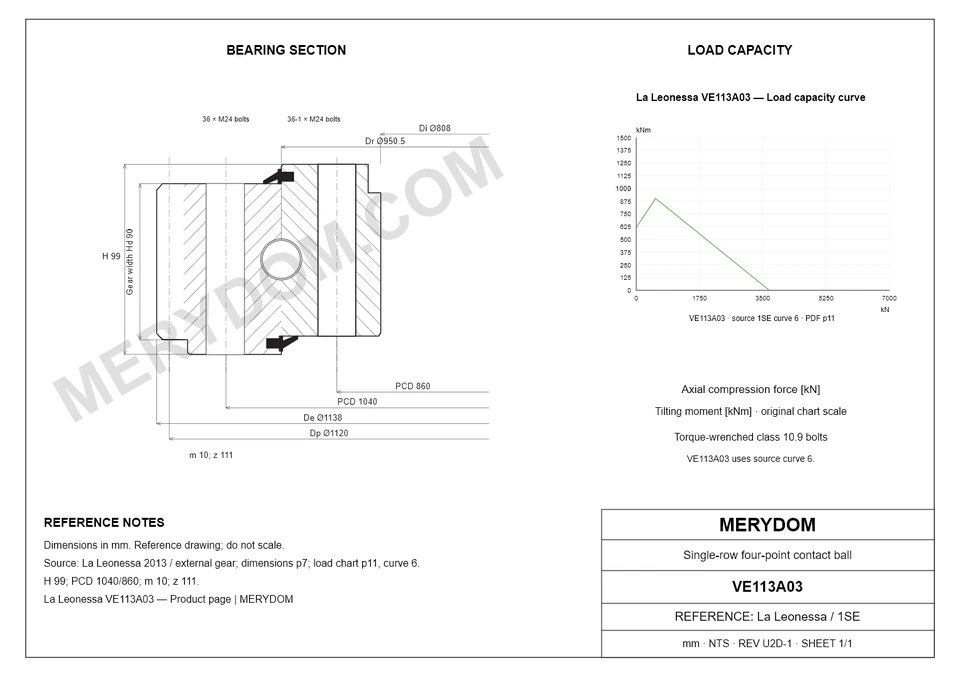 CAD drawing of the MERYDOM replacement slewing bearing for La Leonessa VE113A03, showing dimensions and mounting holes.