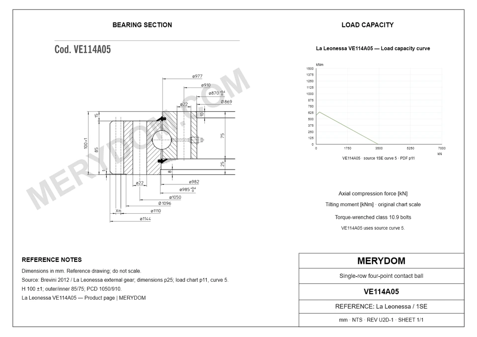 CAD drawing of the MERYDOM replacement slewing bearing for La Leonessa VE114A05, showing dimensions and mounting holes.