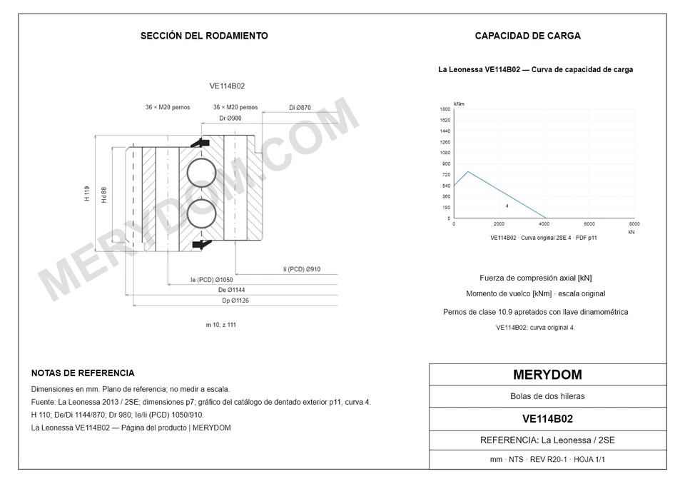 Plano CAD de la corona de giro de sustitución MERYDOM para La Leonessa VE114B02, con dimensiones y orificios de montaje.