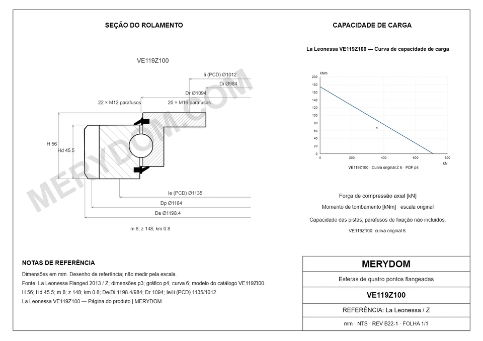 Desenho CAD do rolamento de giro de substituição MERYDOM para La Leonessa VE119Z100, com dimensões e furos de montagem.