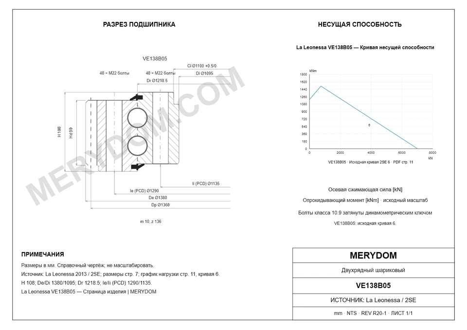 CAD-чертёж опорно-поворотного устройства MERYDOM для замены La Leonessa VE138B05 с размерами и монтажными отверстиями.