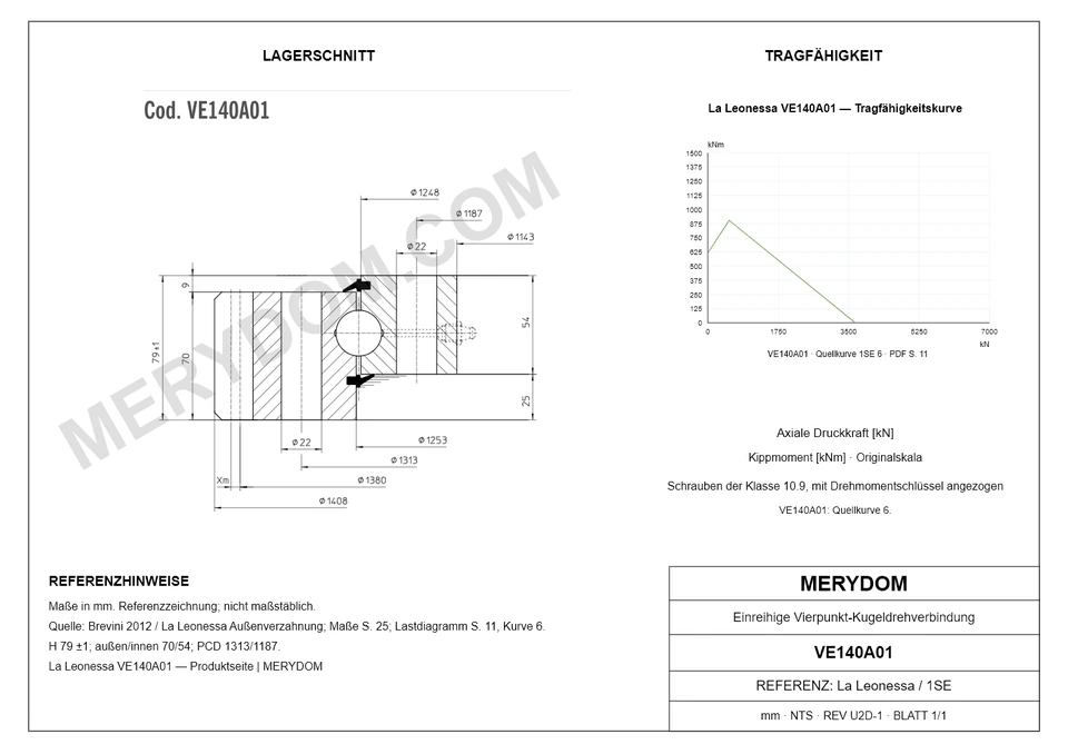 CAD-Zeichnung des MERYDOM-Ersatzdrehkranzes für La Leonessa VE140A01 mit Abmessungen und Befestigungsbohrungen.