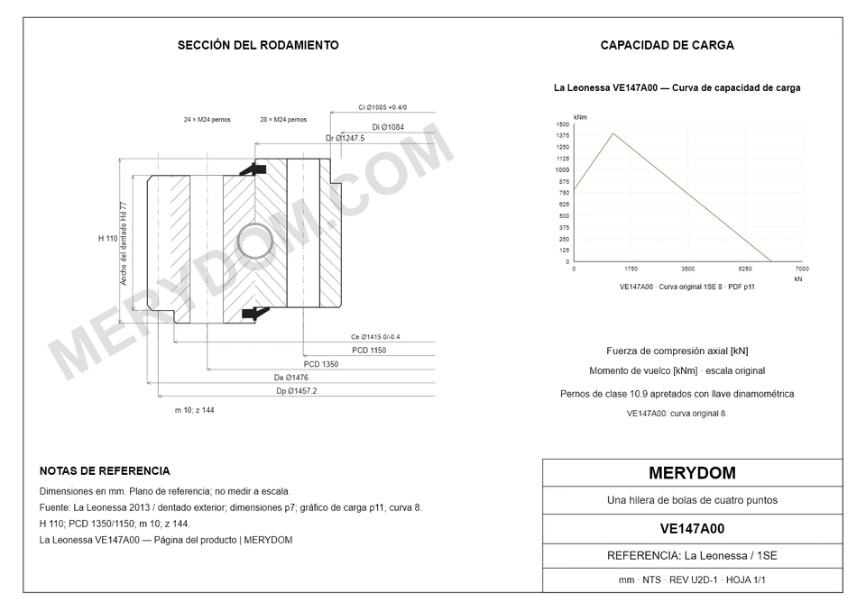 Plano CAD de la corona de giro de sustitución MERYDOM para La Leonessa VE147A00, con dimensiones y orificios de montaje.