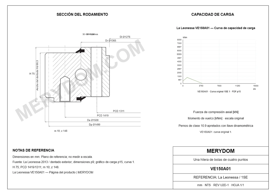 Plano CAD de la corona de giro de sustitución MERYDOM para La Leonessa VE150A01, con dimensiones y orificios de montaje.