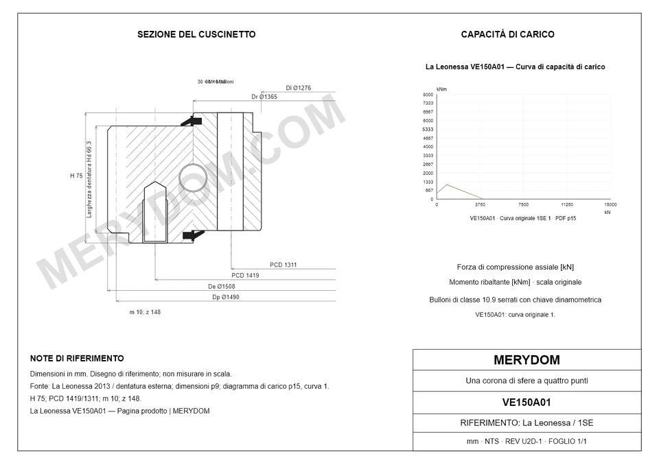 Disegno CAD del cuscinetto di rotazione sostitutivo MERYDOM per La Leonessa VE150A01, con dimensioni e fori di montaggio.
