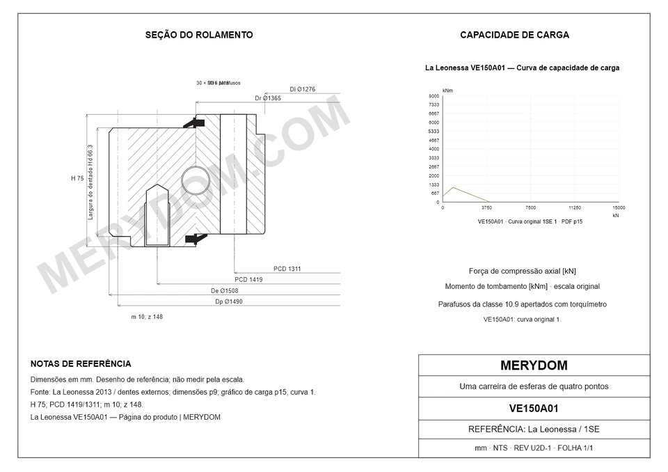 Desenho CAD do rolamento de giro de substituição MERYDOM para La Leonessa VE150A01, com dimensões e furos de montagem.