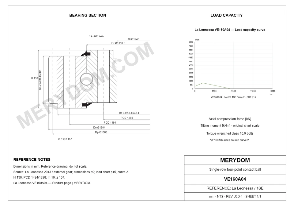 CAD drawing of the MERYDOM replacement slewing bearing for La Leonessa VE160A04, showing dimensions and mounting holes.