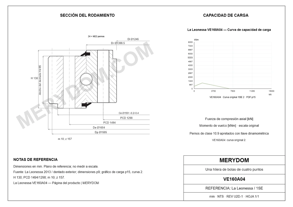 Plano CAD de la corona de giro de sustitución MERYDOM para La Leonessa VE160A04, con dimensiones y orificios de montaje.