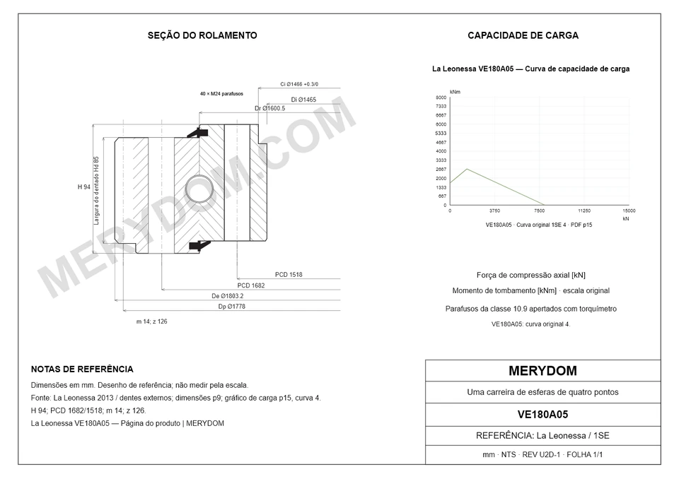 Desenho CAD do rolamento de giro de substituição MERYDOM para La Leonessa VE180A05, com dimensões e furos de montagem.